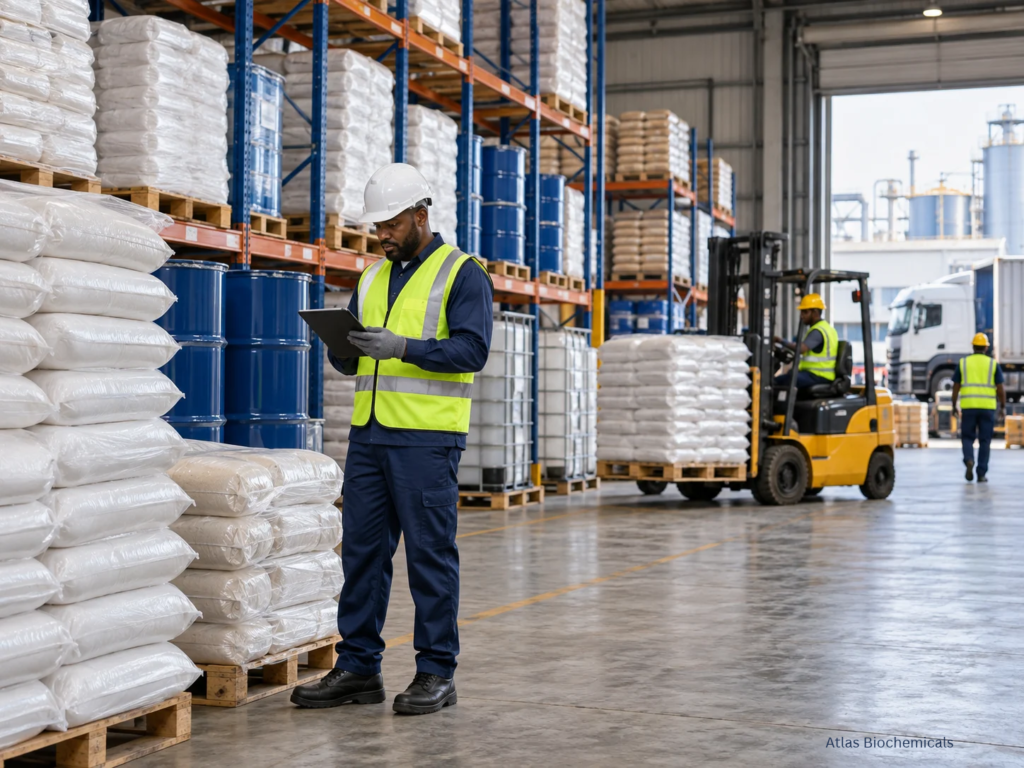 Chemical raw materials in an industrial warehouse for Nigerian manufacturing supply